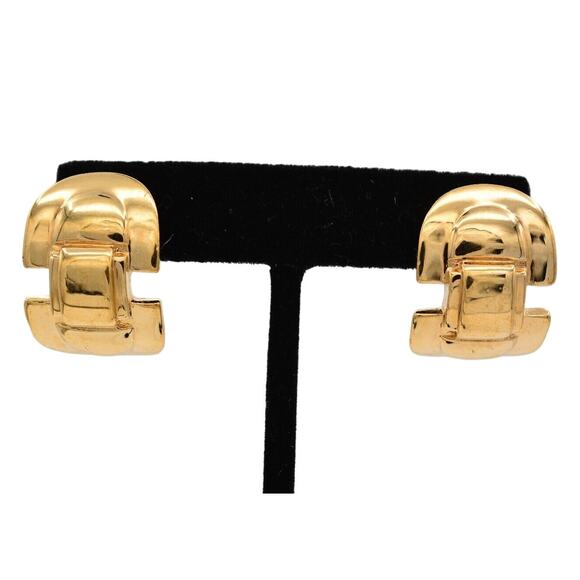 Givenchy Clip On Hoops Earrings Shiny Gold Chunky Runway Vintage Signed BinAI - Picture 1 of 12
